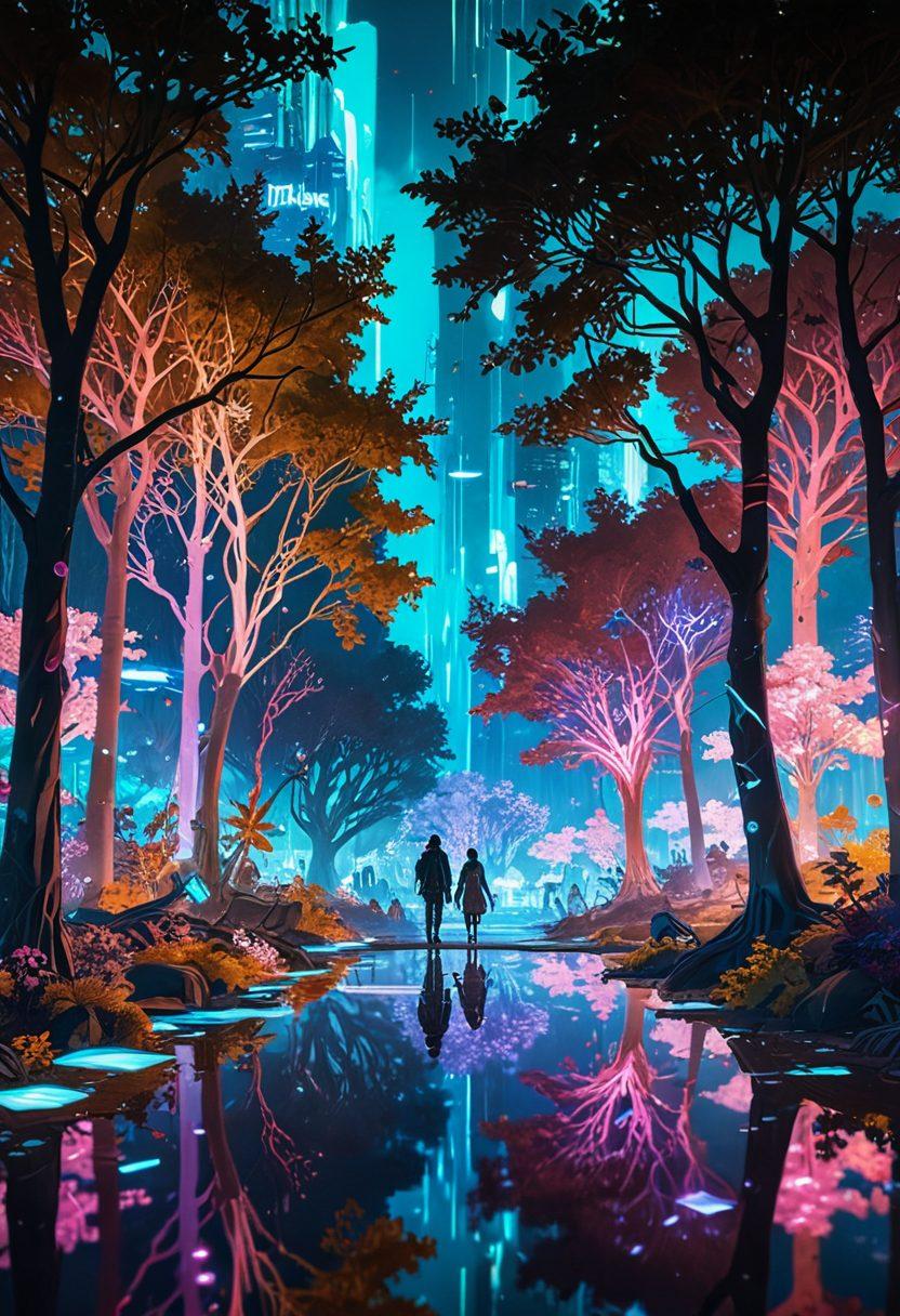 A futuristic digital landscape illuminated with soft, ethereal light, featuring interconnected virtual trees representing memories of lost loved ones, and joyful figures engaging in uplifting interactions among floating holographic symbols of love and remembrance. The scene evokes a sense of healing, connection, and celebration of life amidst grief. cyberpunk. vibrant colors. super-realistic.