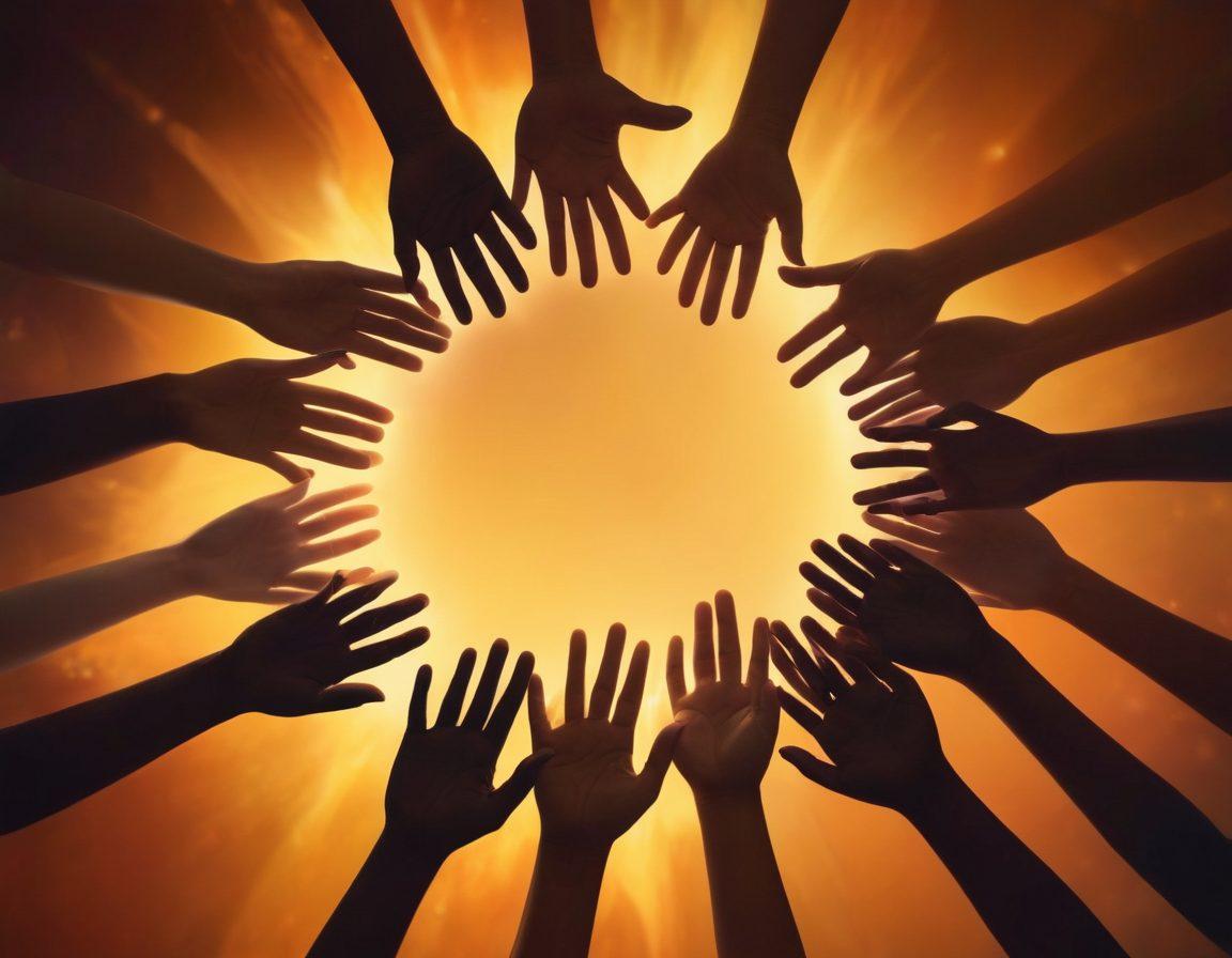 A serene scene depicting silhouettes of diverse individuals interweaving hands in a circle, surrounded by soft glowing lights that symbolize healing and transformation. In the background, abstract shadows fade away into vibrant hues of orange and gold, representing the transition from darkness to light. Ethereal energy flows between them, showcasing a sense of community and support. super-realistic. vibrant colors. soft focus.