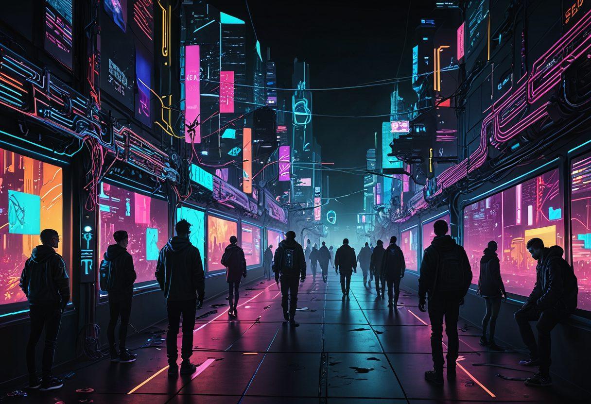 A digital landscape depicting a vibrant network of glowing connections set against a dark, shadowy background, representing the QB9 Network. Silhouettes of diverse individuals in various poses of contemplation and connection, symbolizing community and emotional support. Visually striking contrasts between light and darkness to illustrate navigating through sadness yet finding hope. Elements of technology and community interwoven throughout the scene. cyberpunk. vibrant colors. 3D.